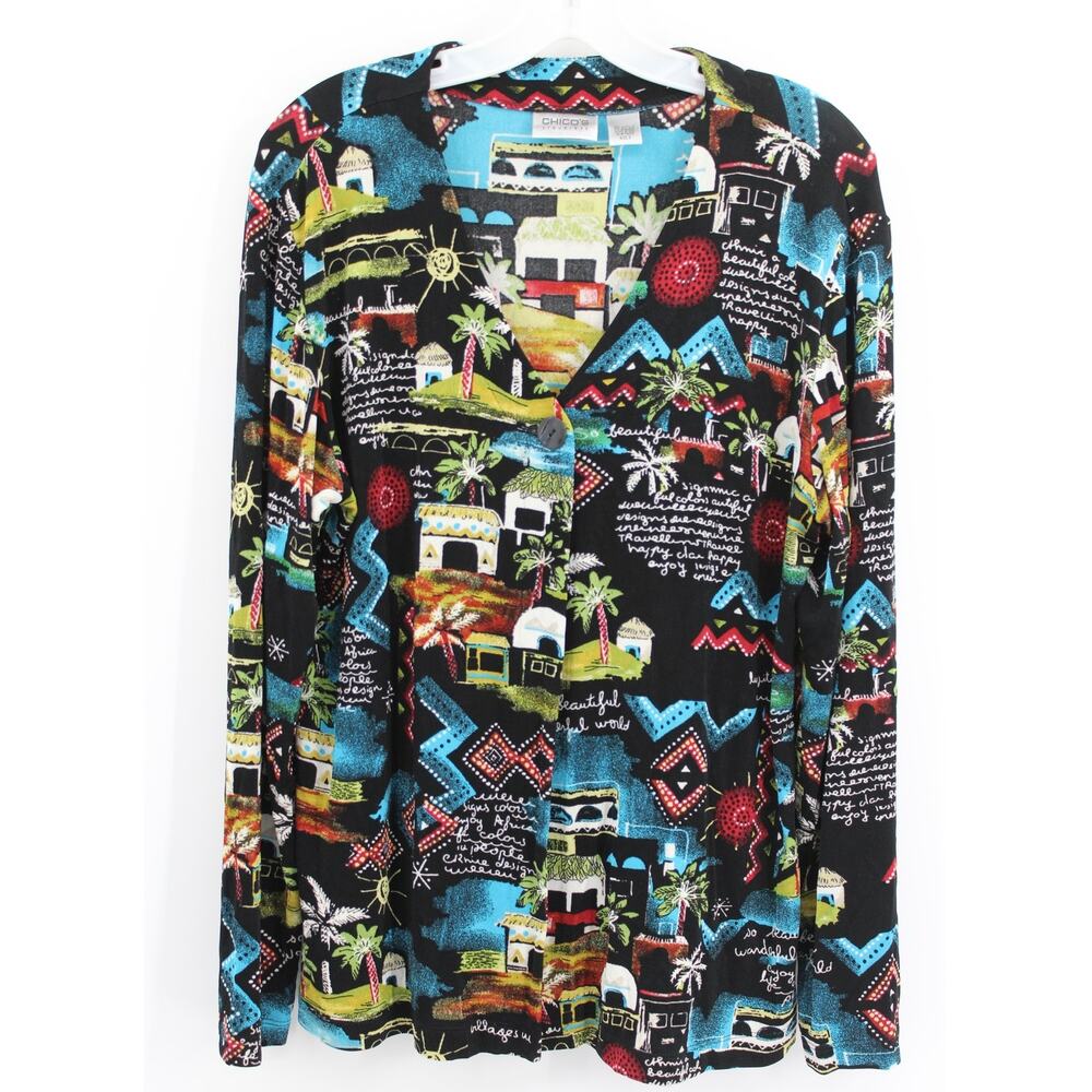 Chico's Travelers 3 Black Red Long Sleeve Village Scene Acetate Cardigan XL